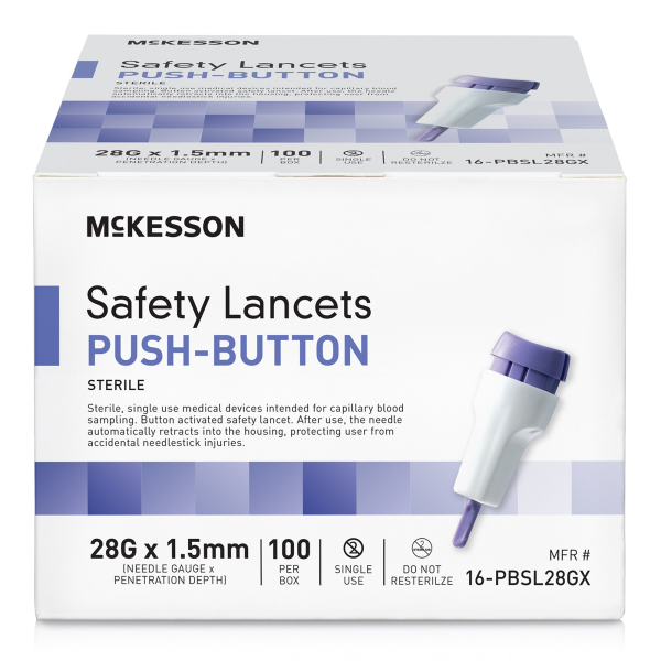 Safety Lancet McKesson 28 Gauge Retractable Push Button Activation Finger