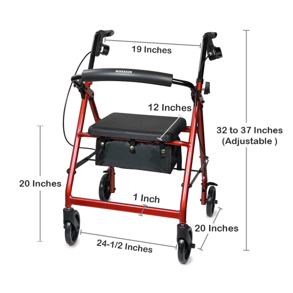 4 Wheel Rollator McKesson Red Adjustable Height / Folding Aluminum Frame