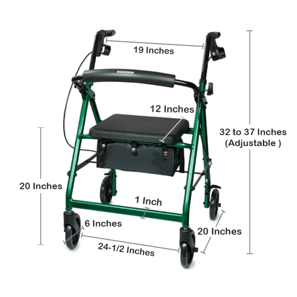 4 Wheel Rollator McKesson Green Adjustable Height / Folding Aluminum Frame