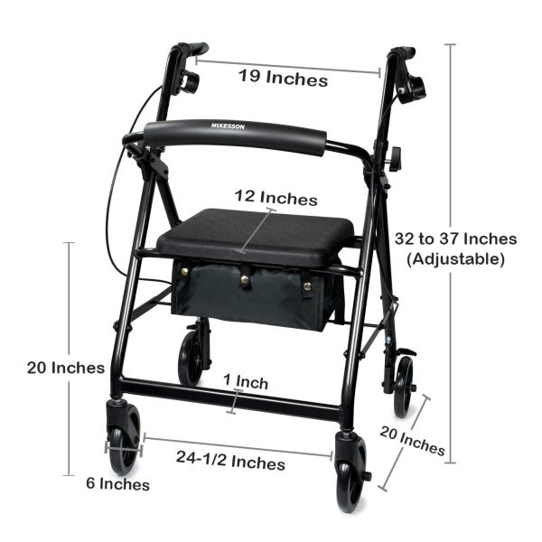4 Wheel Rollator McKesson Black Adjustable Height / Folding Aluminum Frame