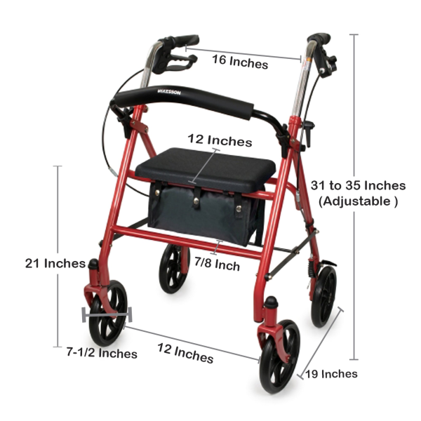 4 Wheel Rollator McKesson Red Adjustable Height / Folding Steel Frame