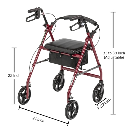4 Wheel Rollator McKesson Red Adjustable Height Aluminum Frame