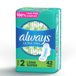 Always Ultra Thin Pads with Wings, Size 2, Long, Super Absorbency