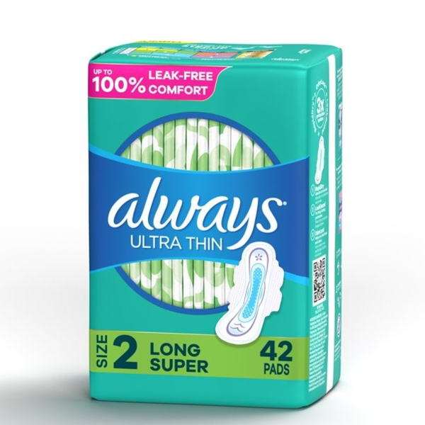 Always Ultra Thin Pads with Wings, Size 2, Long, Super Absorbency