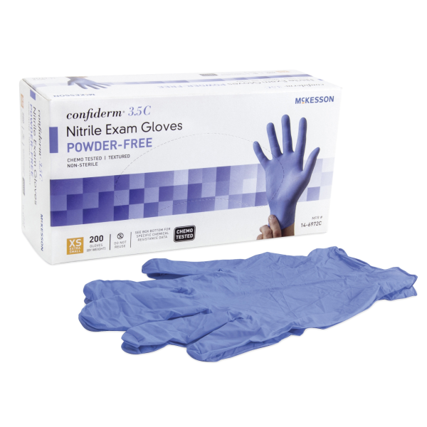 Exam Glove McKesson Confiderm® 3.5C X-Small NonSterile Nitrile Standard Cuff Length Textured Fingertips Blue Chemo Tested