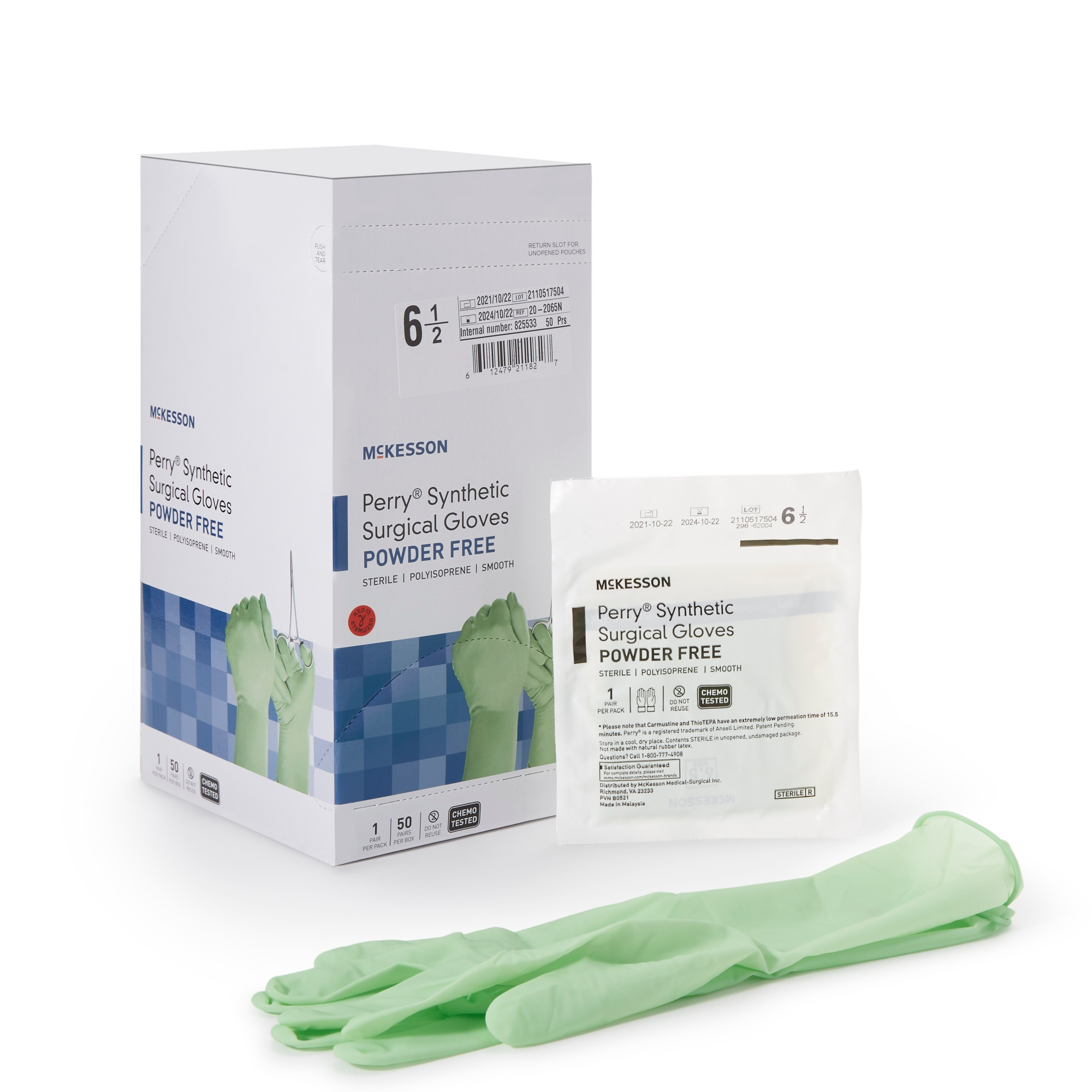 Surgical Glove McKesson Perry® Performance Plus Size 6.5 Sterile Polyisoprene Standard Cuff Length Smooth Green Chemo Tested