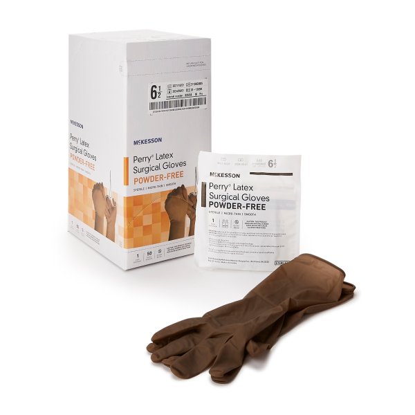 Surgical Glove McKesson Perry® Size 6.5 Sterile Latex Standard Cuff Length Smooth Brown Not Chemo Approved
