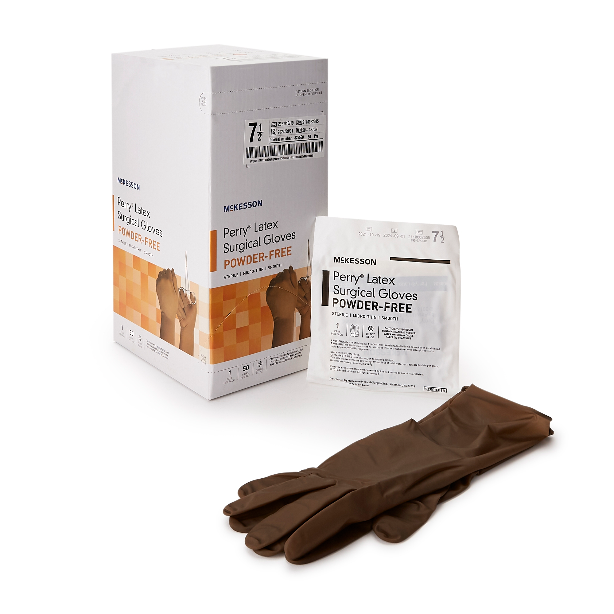 Surgical Glove McKesson Perry® Size 7.5 Sterile Latex Standard Cuff Length Smooth Brown Not Chemo Approved