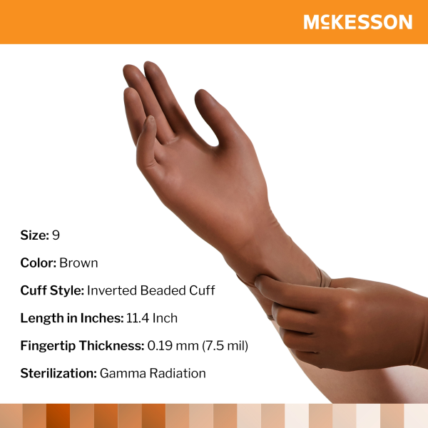 McKesson Perry® Size 9.0 Sterile Latex Surgical Gloves – smooth finish, powder-free, brown, standard cuff length, sterile protection, not chemo approved.