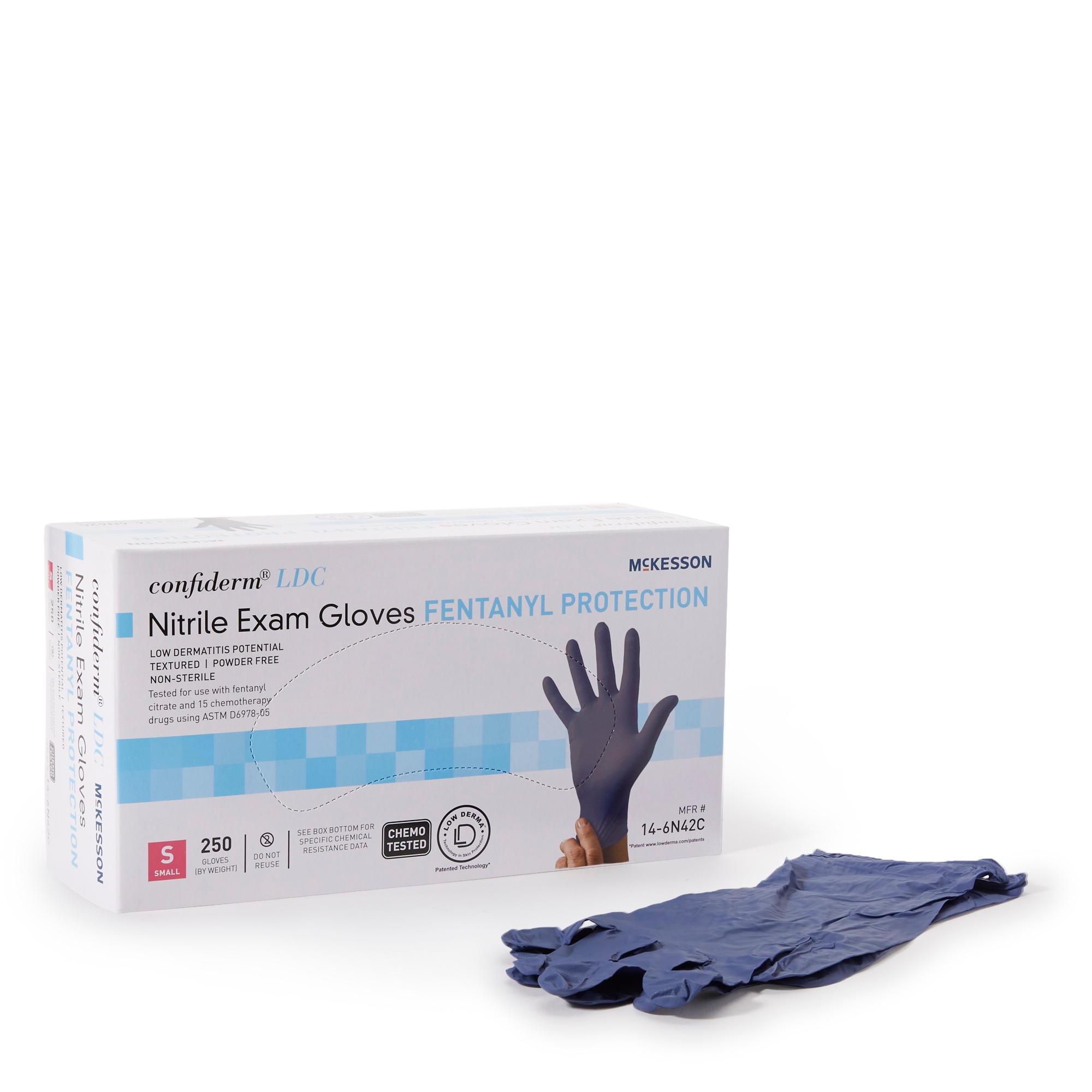Exam Glove McKesson Confiderm® LDC Small NonSterile Nitrile Standard Cuff Length Fully Textured Blue Chemo Tested / Fentanyl Tested Exam Glove McKesson Confiderm® LDC Small NonSterile Nitrile Standard Cuff Length Fully Textured Blue Chemo Tested / Fentanyl Tested