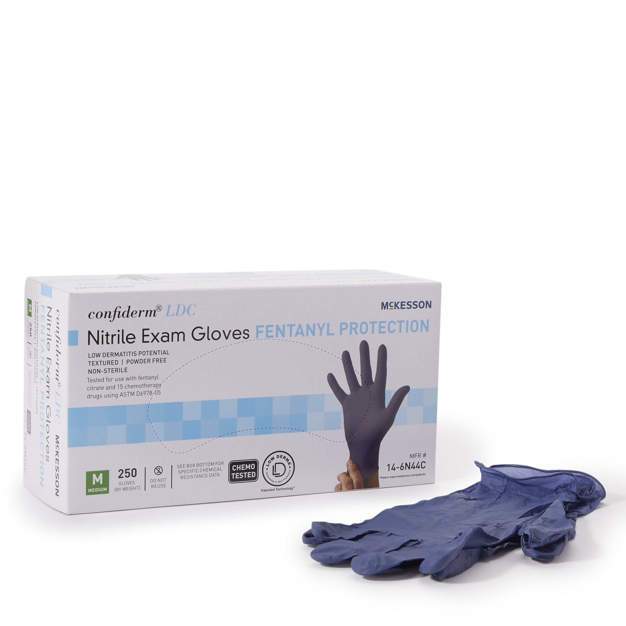 Exam Glove McKesson Confiderm® LDC Medium NonSterile Nitrile Standard Cuff Length Fully Textured Blue Chemo Tested / Fentanyl Tested Exam Glove McKesson Confiderm® LDC Medium NonSterile Nitrile Standard Cuff Length Fully Textured Blue Chemo Tested / Fentanyl Tested