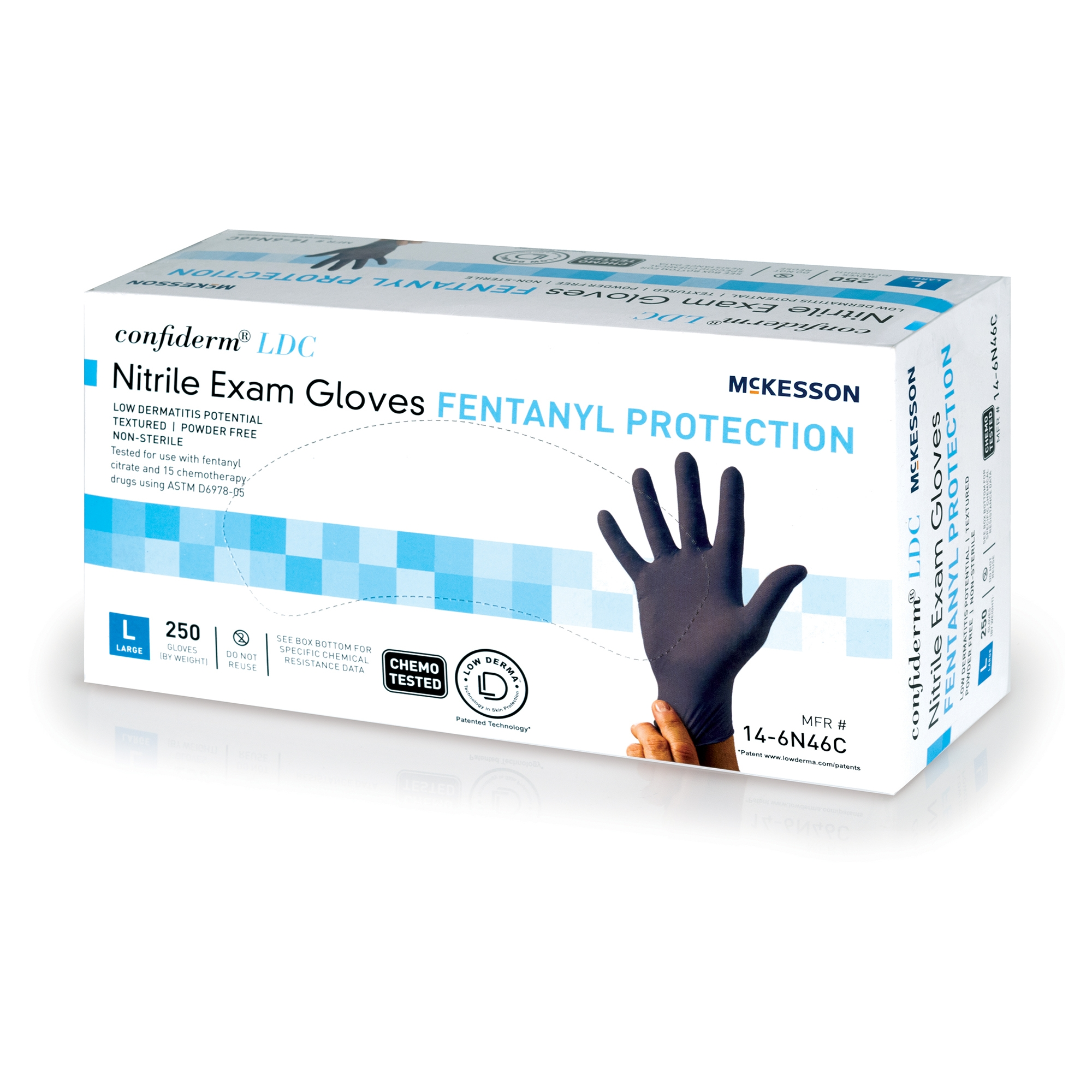 Exam Glove McKesson Confiderm® LDC Large NonSterile Nitrile Standard Cuff Length Fully Textured Blue Chemo Tested / Fentanyl Tested Exam Glove McKesson Confiderm® LDC Large NonSterile Nitrile Standard Cuff Length Fully Textured Blue Chemo Tested / Fentanyl Tested