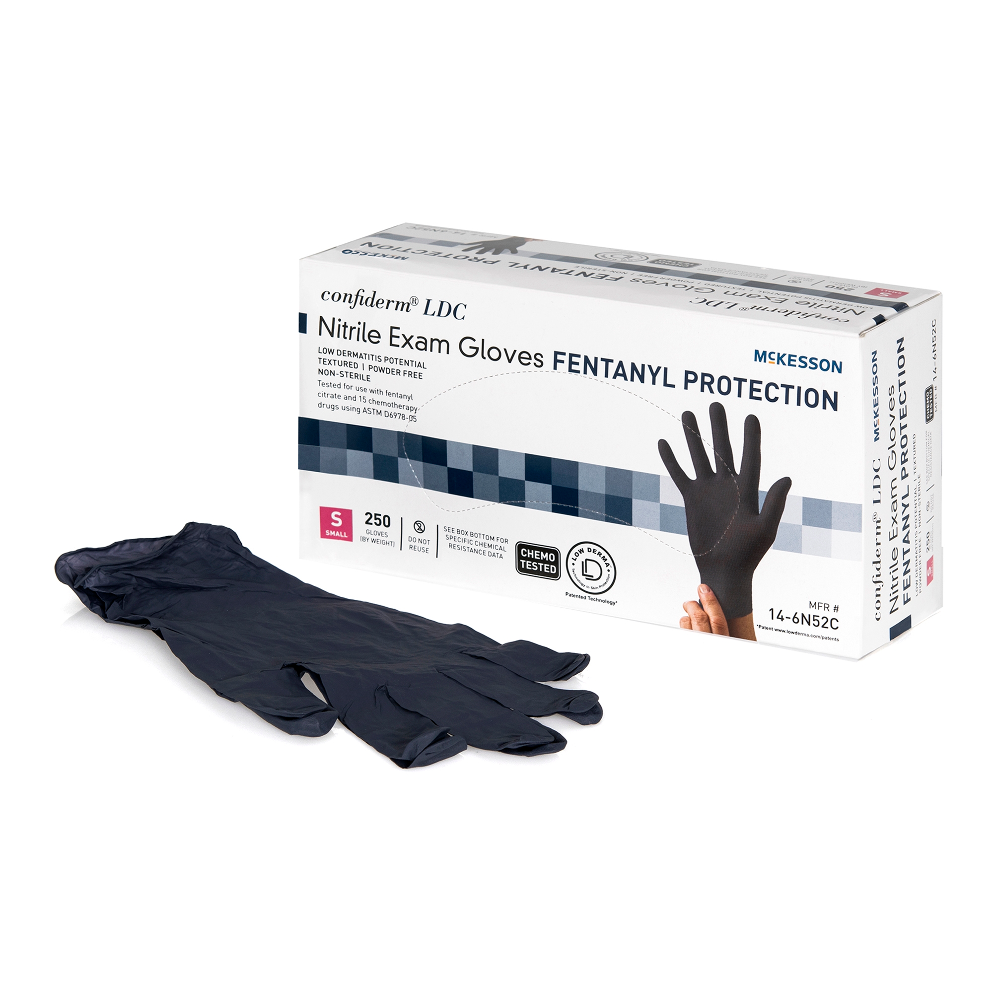 Exam Glove McKesson Confiderm® LDC Small NonSterile Nitrile Standard Cuff Length Fully Textured Black Chemo Tested / Fentanyl Tested Exam Glove McKesson Confiderm® LDC Small NonSterile Nitrile Standard Cuff Length Fully Textured Black Chemo Tested / Fentanyl Tested