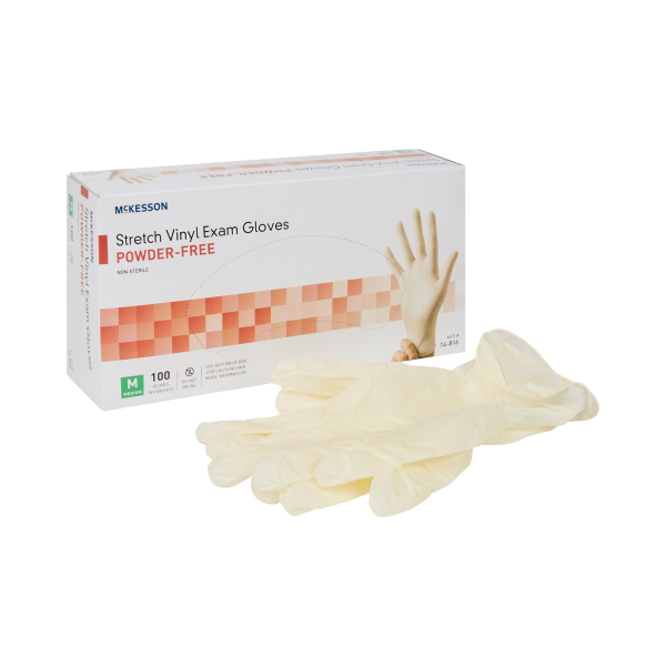 Exam Glove McKesson Medium NonSterile Stretch Vinyl Standard Cuff Length Smooth Ivory Not Rated