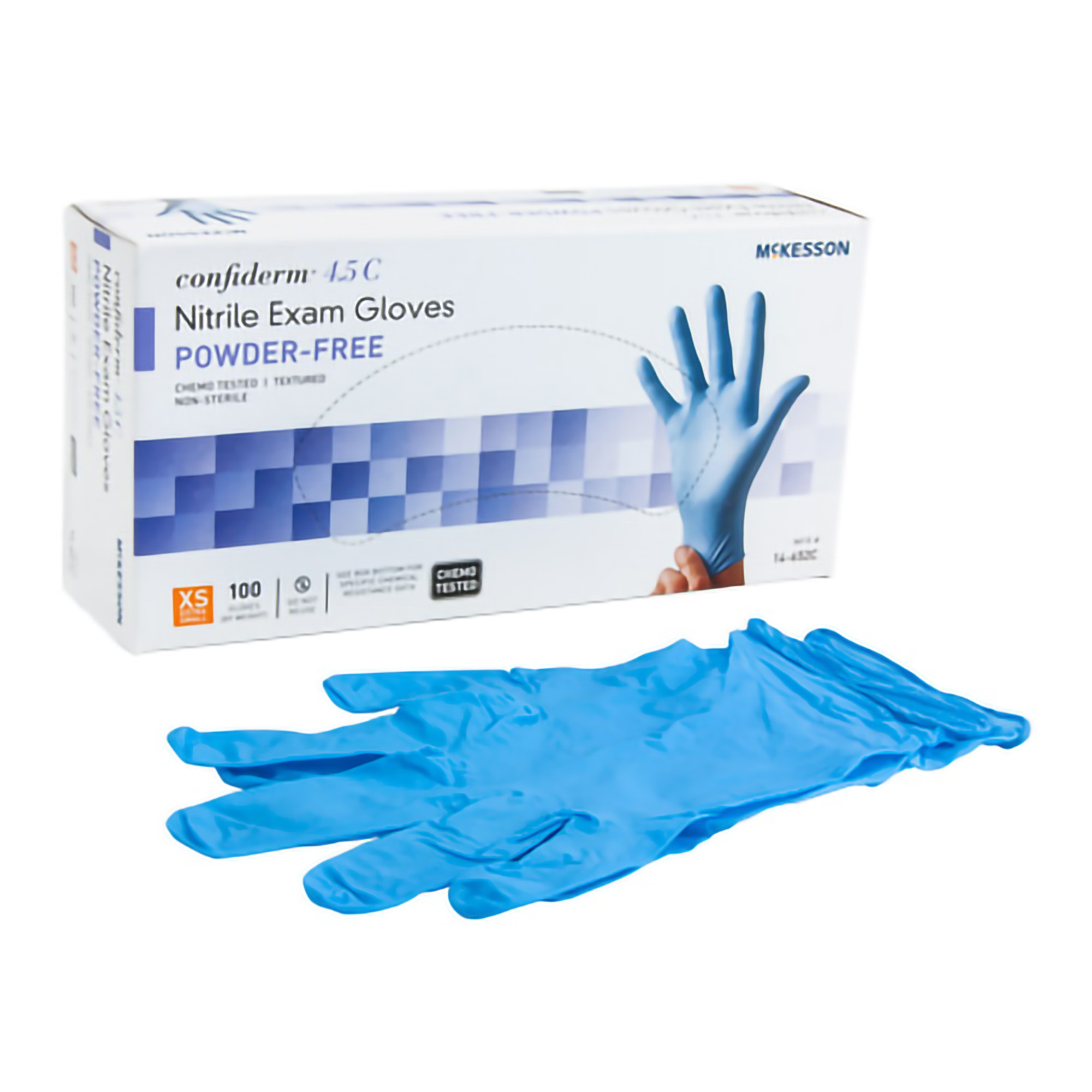 Exam Glove McKesson Confiderm® 4.5C X-Small NonSterile Nitrile Standard Cuff Length Textured Fingertips Blue Chemo Tested Exam Glove McKesson Confiderm® 4.5C X-Small NonSterile Nitrile Standard Cuff Length Textured Fingertips Blue Chemo Tested