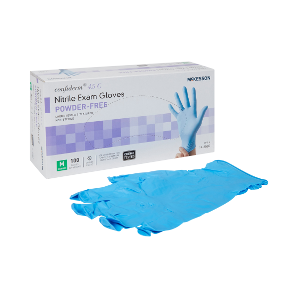 Exam Glove McKesson Confiderm® 4.5C Medium NonSterile Nitrile Standard Cuff Length Textured Fingertips Blue Chemo Tested