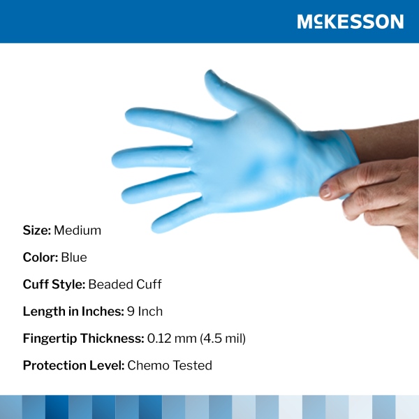 Exam Glove McKesson Confiderm® 4.5C Medium NonSterile Nitrile Standard Cuff Length Textured Fingertips Blue Chemo Tested