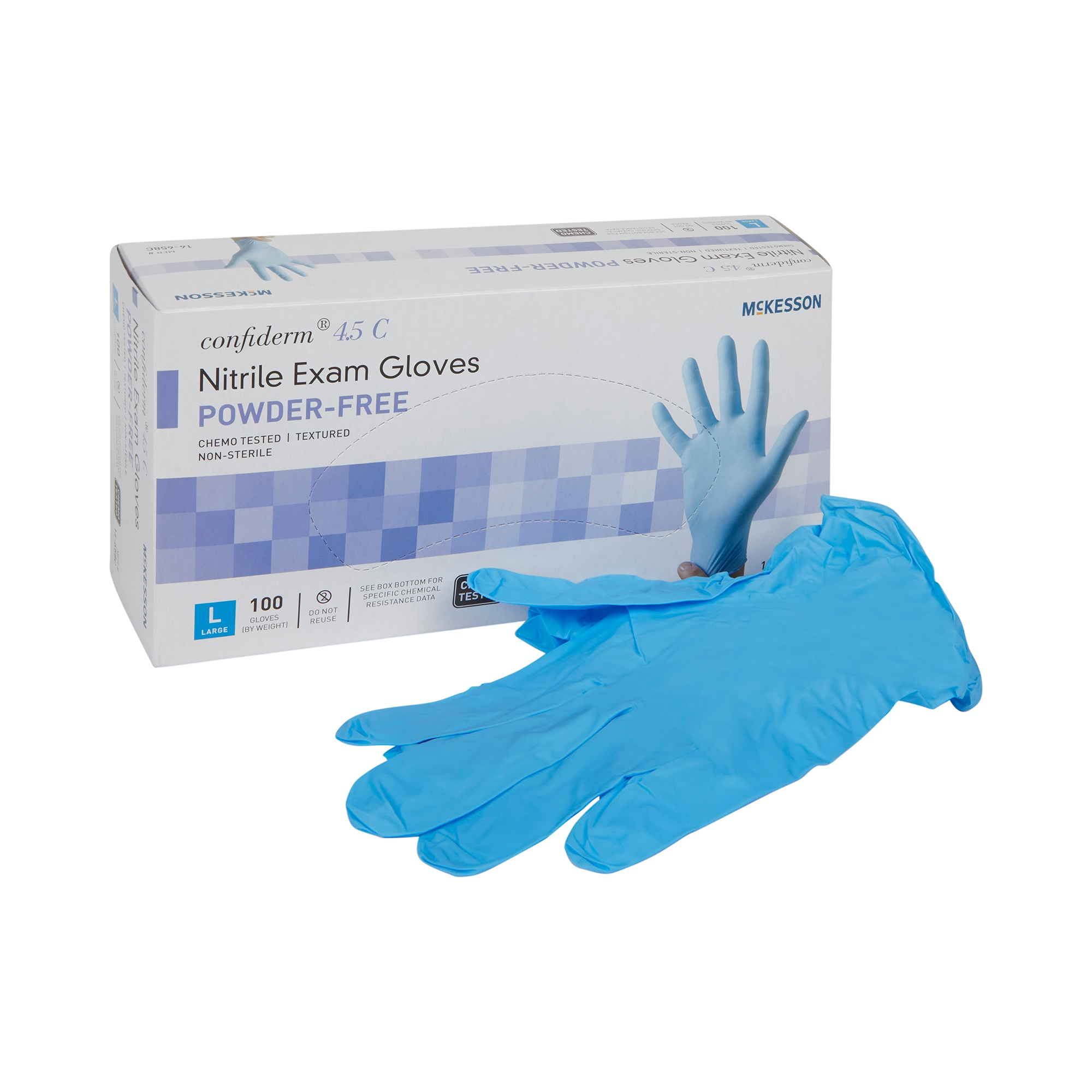 Exam Glove McKesson Confiderm® 4.5C Large NonSterile Nitrile Standard Cuff Length Textured Fingertips Blue Chemo Tested Exam Glove McKesson Confiderm® 4.5C Large NonSterile Nitrile Standard Cuff Length Textured Fingertips Blue Chemo Tested