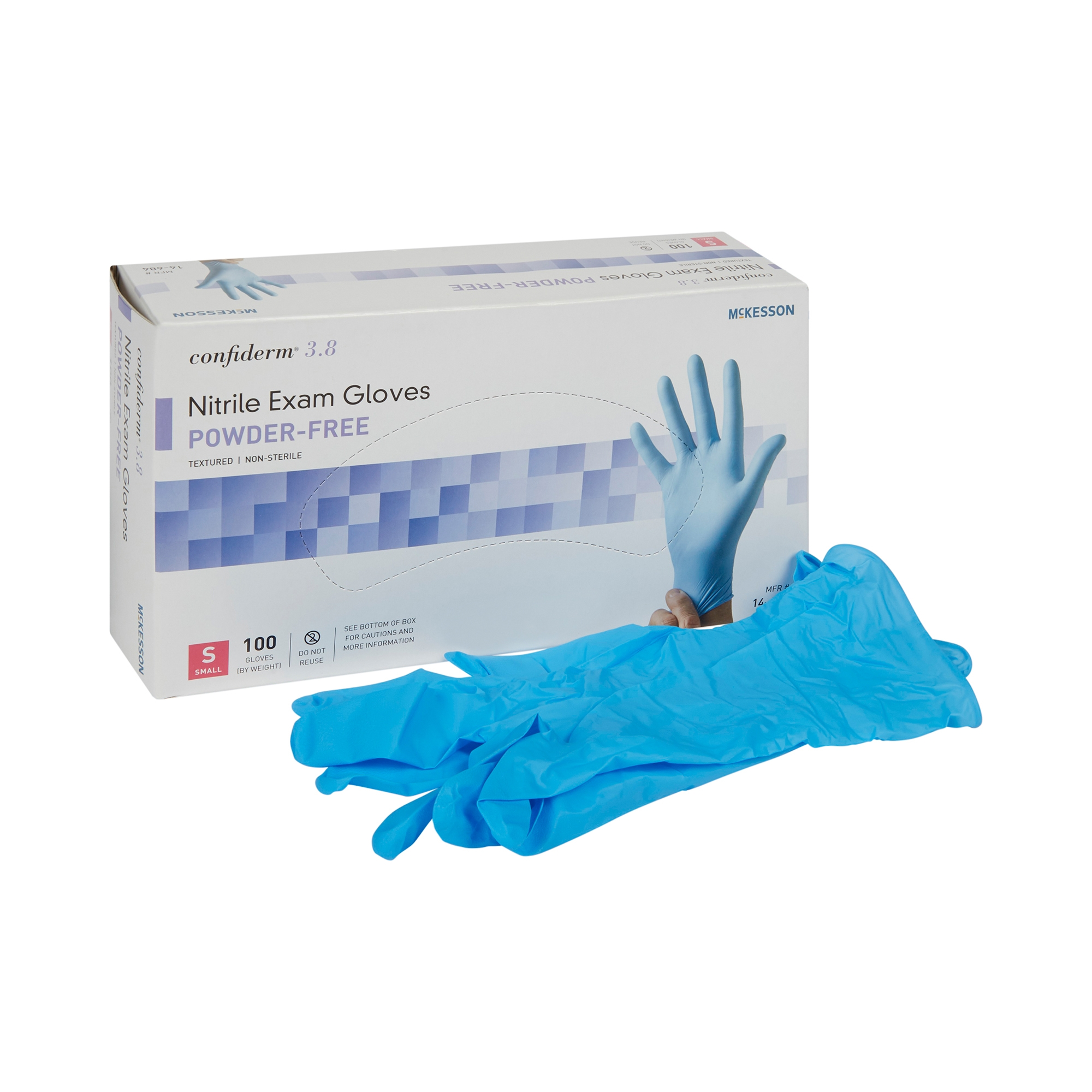 Exam Glove McKesson Confiderm® 3.8 Small NonSterile Nitrile Standard Cuff Length Textured Fingertips Blue Not Rated Exam Glove McKesson Confiderm® 3.8 Small NonSterile Nitrile Standard Cuff Length Textured Fingertips Blue Not Rated