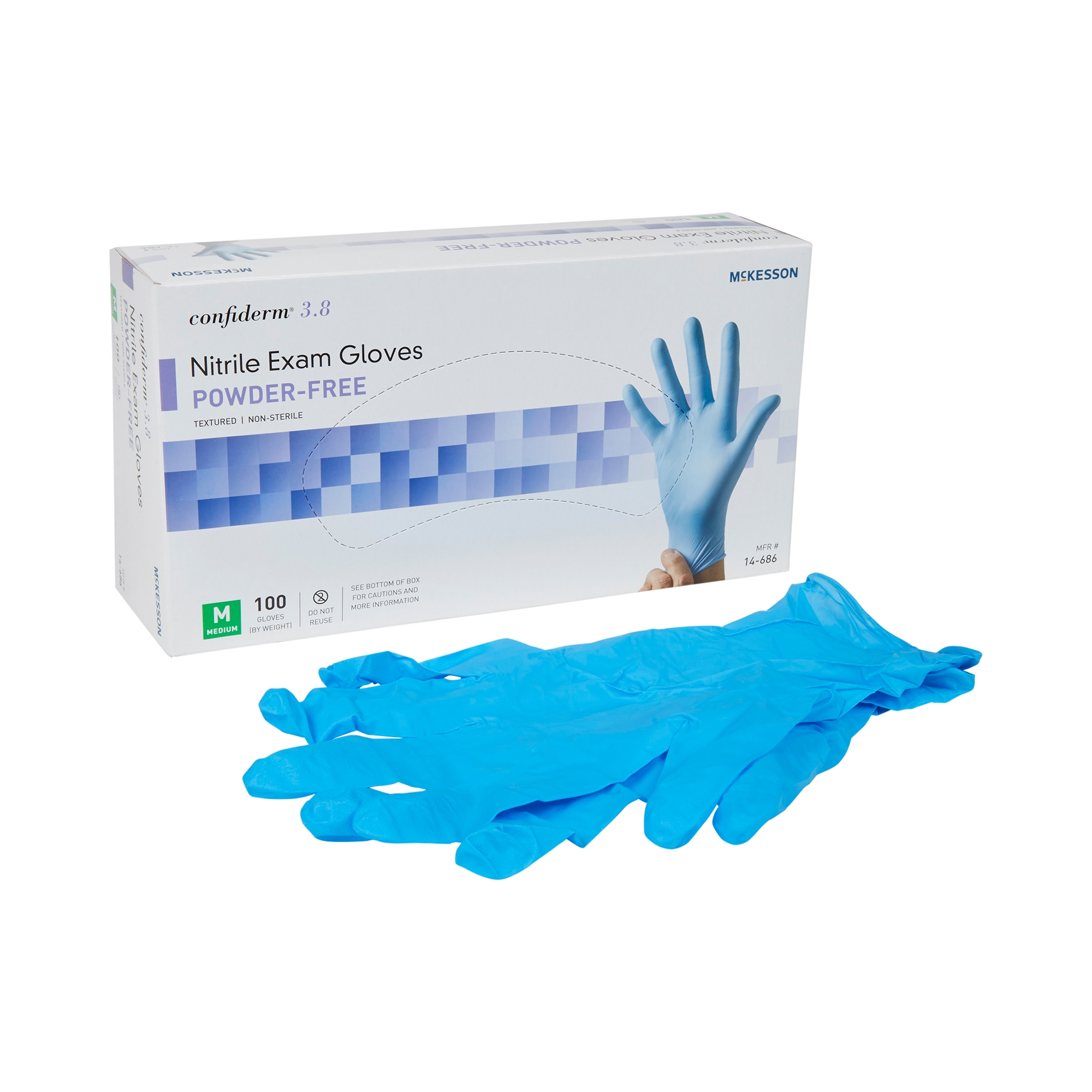 Exam Glove McKesson Confiderm® 3.8 Medium NonSterile Nitrile Standard Cuff Length Textured Fingertips Blue Not Rated Exam Glove McKesson Confiderm® 3.8 Medium NonSterile Nitrile Standard Cuff Length Textured Fingertips Blue Not Rated