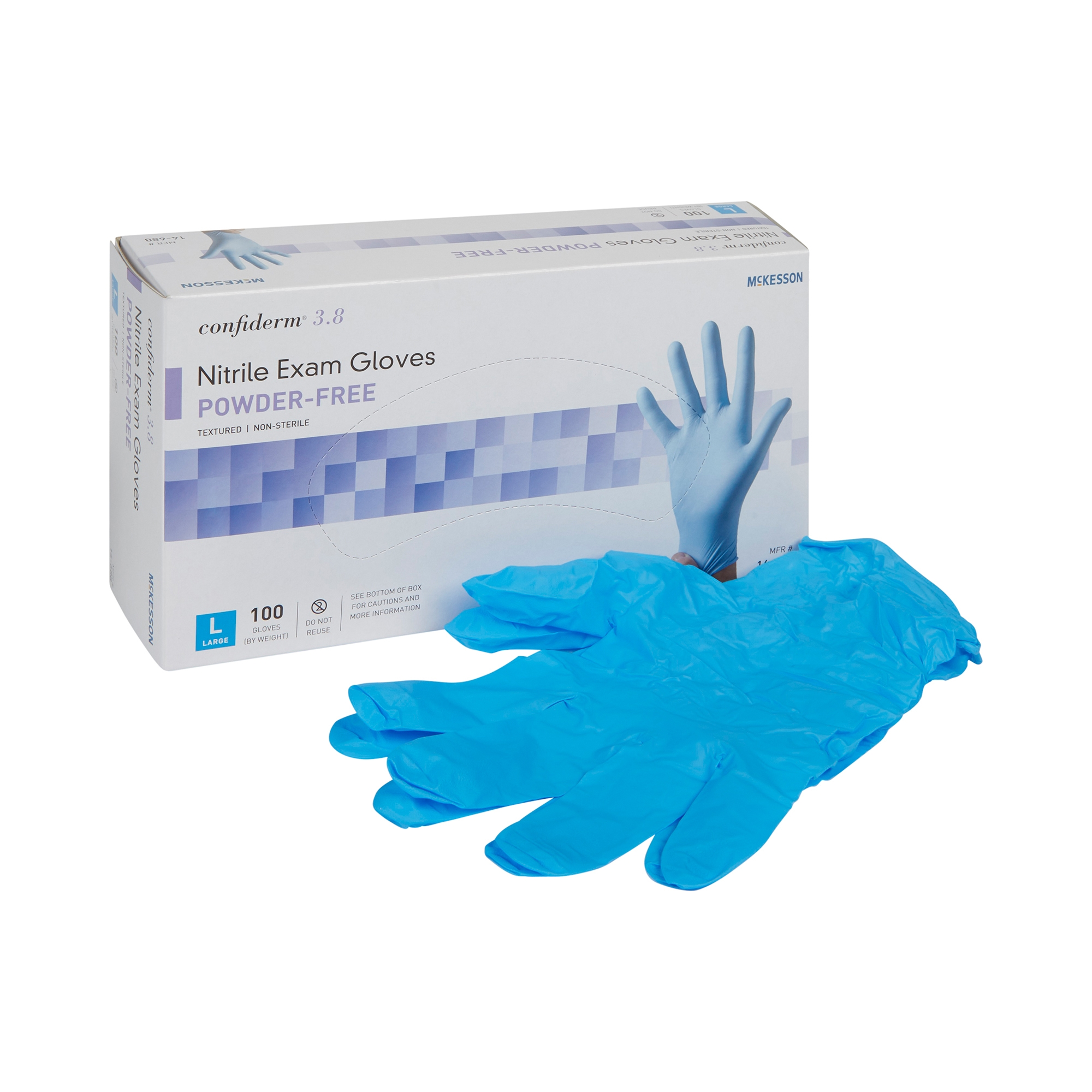 Exam Glove McKesson Confiderm® 3.8 Large NonSterile Nitrile Standard Cuff Length Textured Fingertips Blue Not Rated Exam Glove McKesson Confiderm® 3.8 Large NonSterile Nitrile Standard Cuff Length Textured Fingertips Blue Not Rated