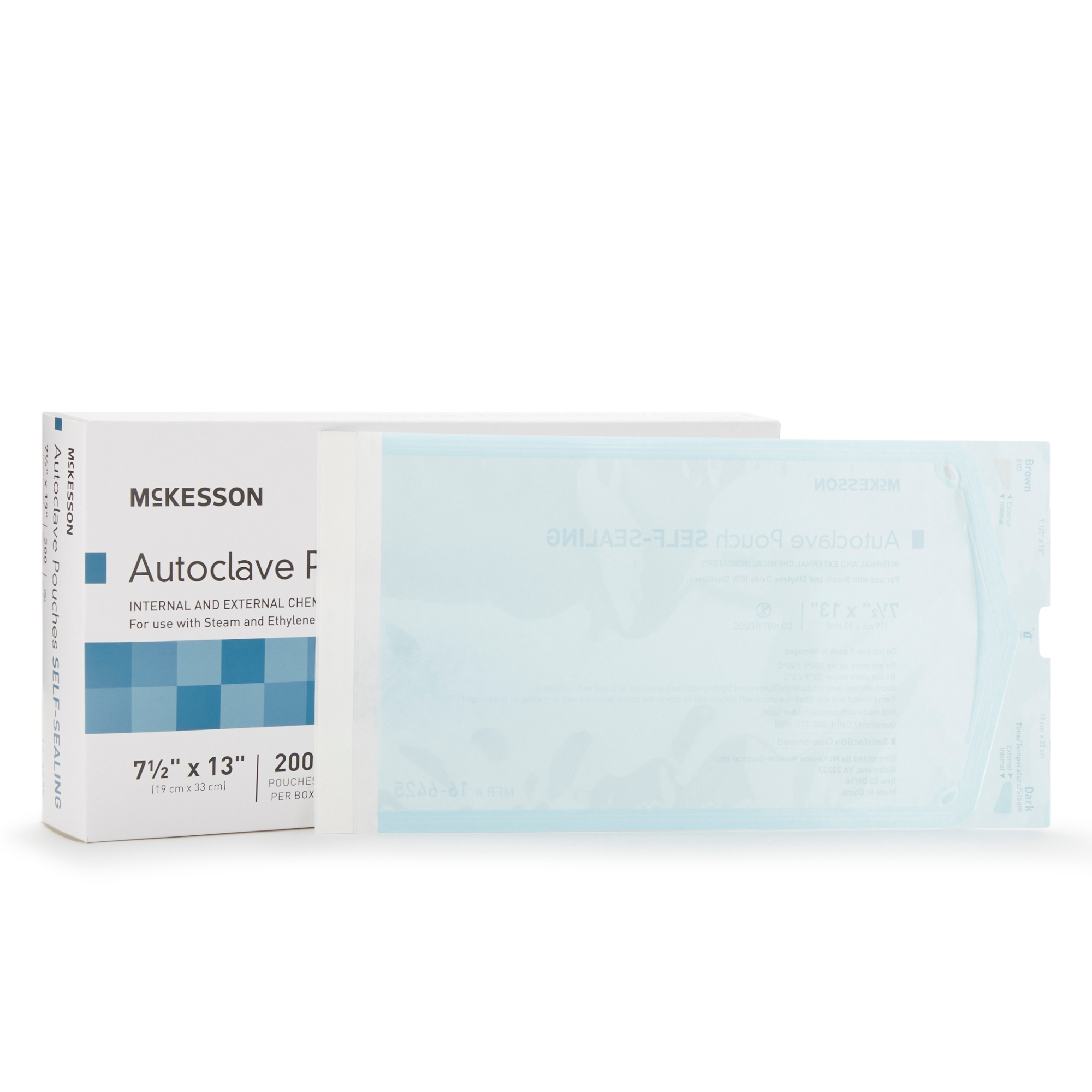 Sterilization Pouch McKesson Ethylene Oxide (EO) Gas / Steam 7-1/2 X 13 Inch White / Blue Self Seal Paper / Film