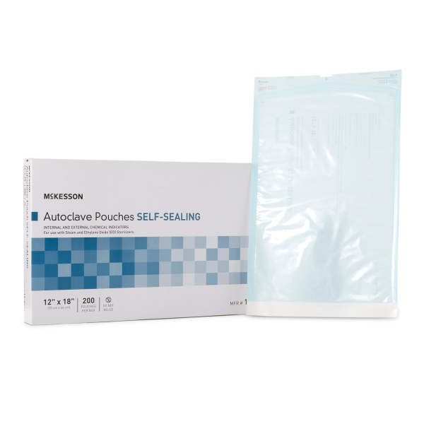 Sterilization Pouch McKesson Ethylene Oxide (EO) Gas / Steam 12 X 18 Inch White / Blue Self Seal Paper / Film