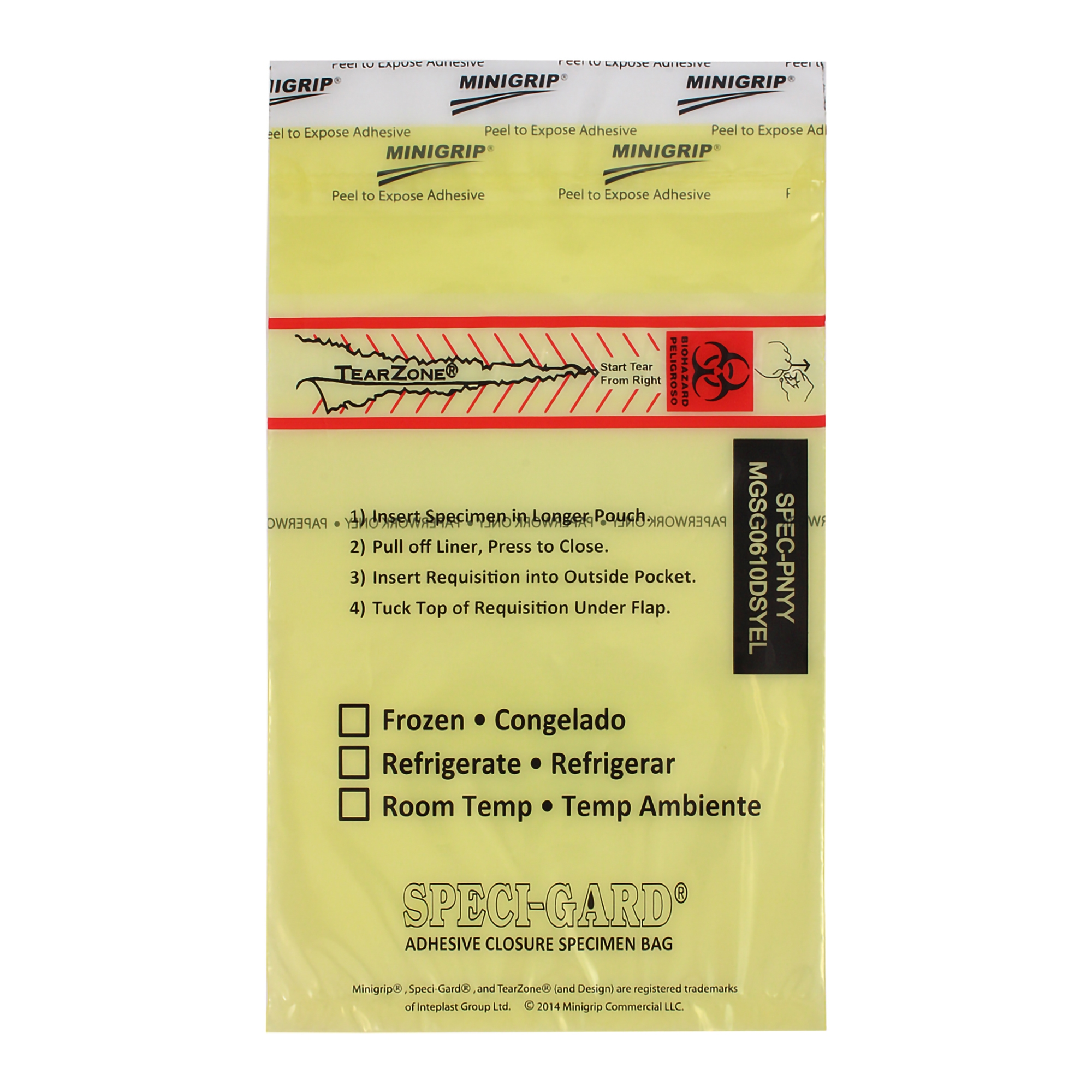 Specimen Transport Bag with Document Pouch Speci-Gard® 6 X 10 Inch Adhesive Closure Biohazard Symbol / Storage Instructions / Instructions for Use NonSterile