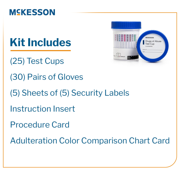 Drugs of Abuse Test Kit McKesson AMP, BAR, BUP, BZO, COC, mAMP/MET, MDMA, MOP300, MTD, OXY, PCP, PPX, TCA, THC (OX, pH, SG) 25 Tests CLIA Waived