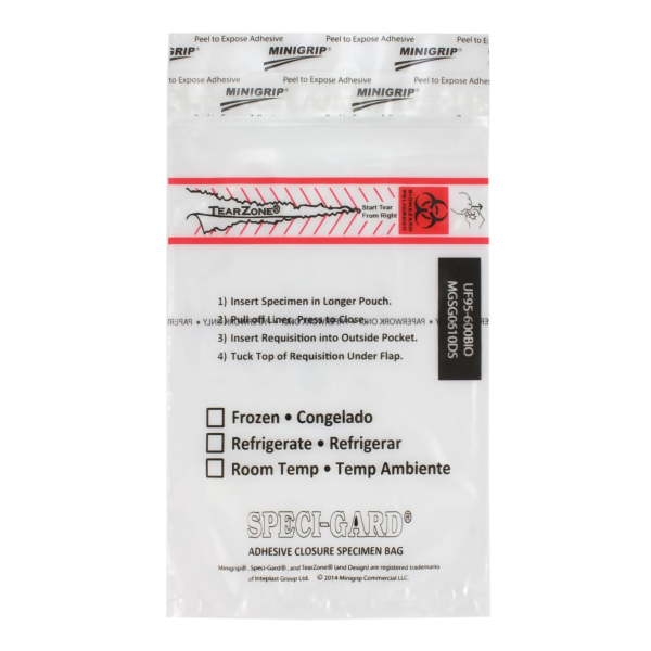 Specimen Transport Bag with Document Pouch Speci-Gard® 6 X 10 Inch Adhesive Closure Biohazard Symbol / Storage Instructions NonSterile