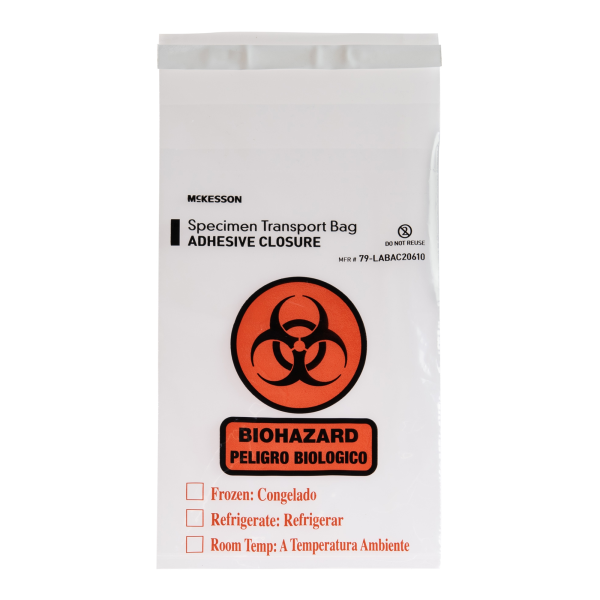 Specimen Transport Bag with Document Pouch McKesson 6 X 10 Inch Adhesive Closure Biohazard Symbol / Storage Instructions NonSterile