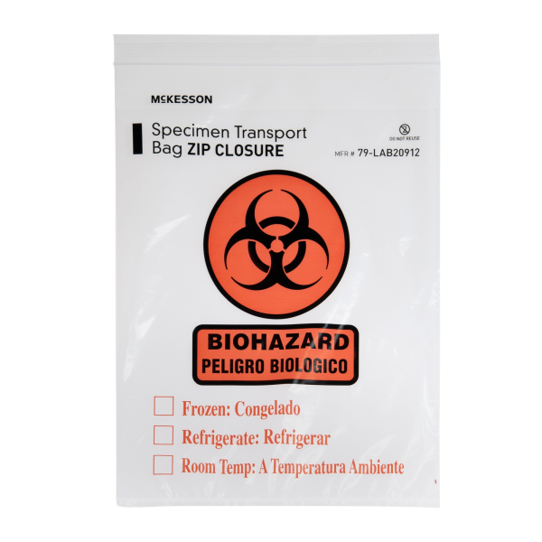 Specimen Transport Bag with Document Pouch McKesson 9 X 12 Inch Zip Closure Biohazard Symbol / Storage Instructions NonSterile
