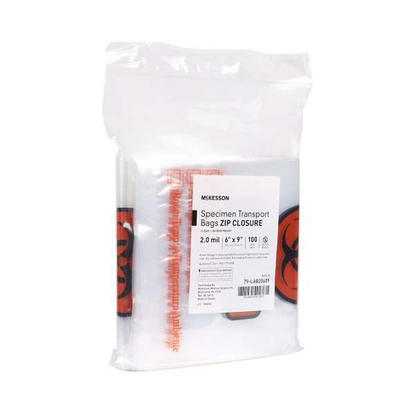 Specimen Transport Bag with Document Pouch McKesson 6 X 9 Inch Zip Closure Biohazard Symbol / Storage Instructions NonSterile