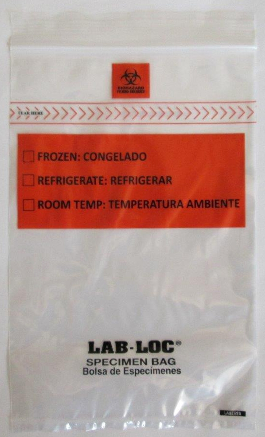 Specimen Transport Bag with Document Pouch Lab-Loc® 6 X 9 Inch Zip Closure Biohazard Symbol / Storage Instructions NonSterile
