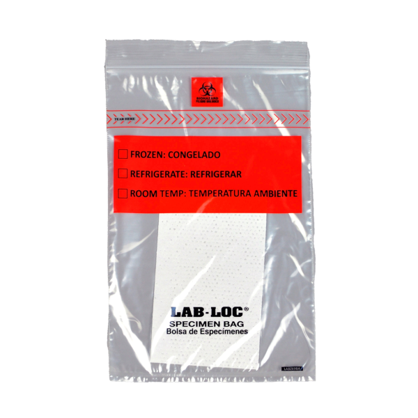 Specimen Transport Bag with Document Pouch and Absorbent Pad Lab-Loc® 6 X 9 Inch Zip Closure Biohazard Symbol / Storage Instructions NonSterile