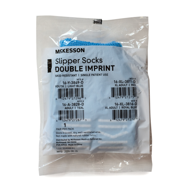 Slipper Socks McKesson Unisex Youth Double Tread Single Patient Use Light Blue