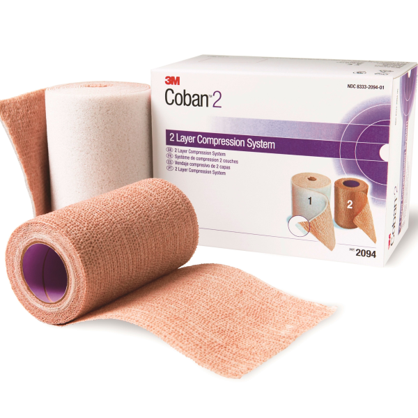 2 Layer Compression Bandage System 3M™ Coban™ 2 2-9/10 Yard X 4 Inch / 4 Inch X 5-1/10 Yard Self-Adherent / Pull On Closure Tan / White NonSterile 35 to 40 mmHg