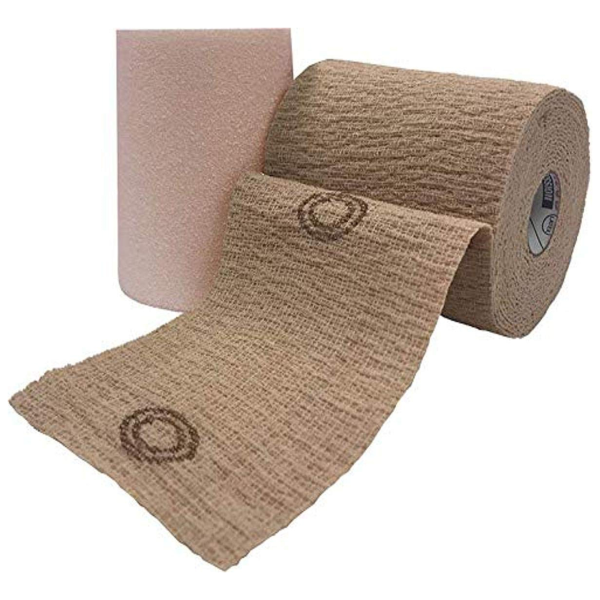 2 Layer Compression Bandage System CoFlex® TLC Calamine with Indicators 4 Inch X 6 Yard / 4 Inch X 7 Yard Self-adherent / Pull On Closure Tan NonSterile 25 to 30 mmHg