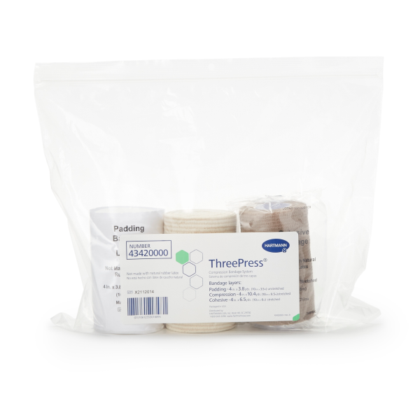 3 Layer Compression Bandage System ThreePress® 4 Inch X 3-3/10 Yard, 4 Inch X 9-3/5 Yard, 4 Inch X 6-1/2 Yard Self-adherent Closure Tan / White NonSterile 35 to 40 mmHg