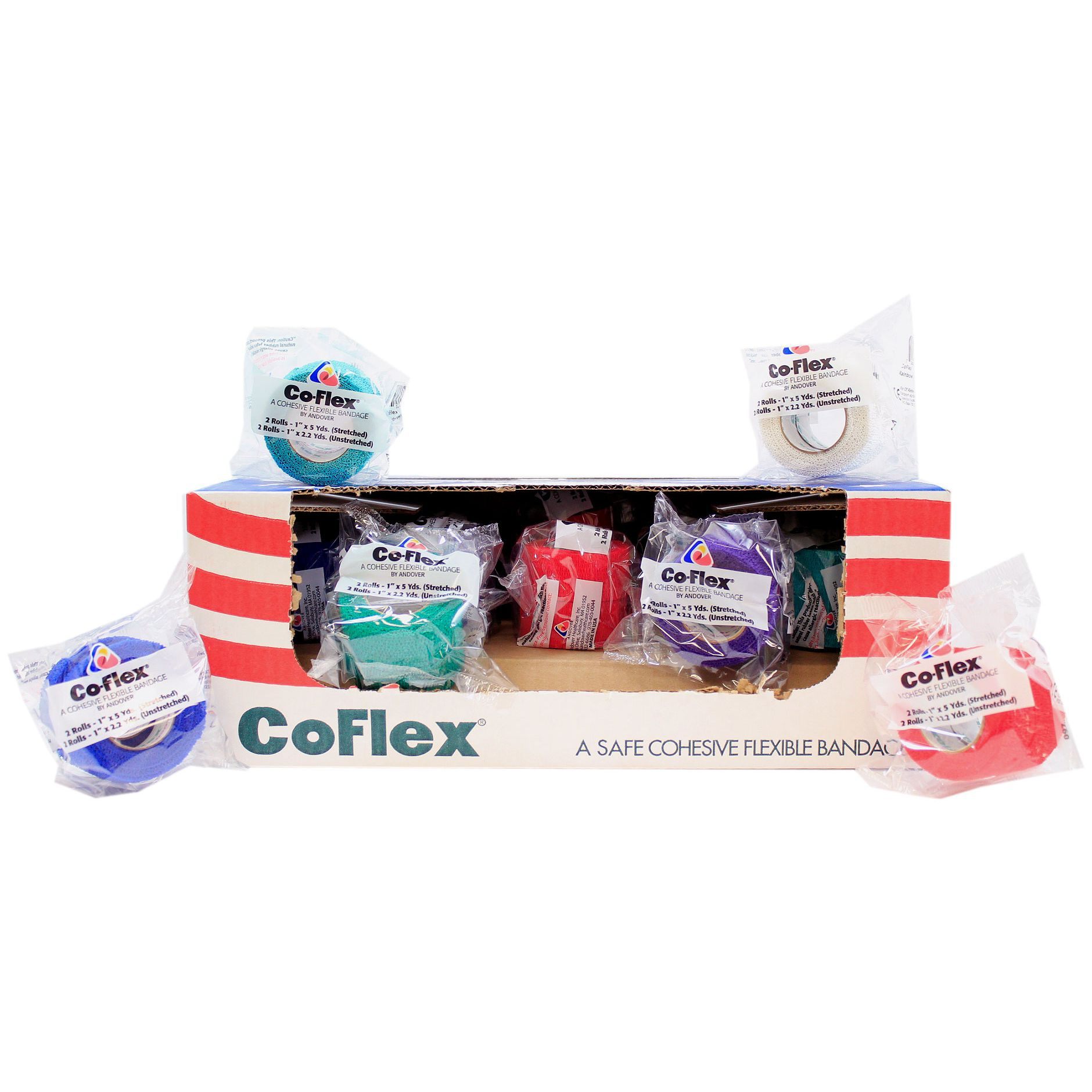 Cohesive Bandage CoFlex® 1 Inch X 5 Yard Self-Adherent Closure Teal / Blue / White / Purple / Red / Green NonSterile 14 lbs. Tensile Strength Cohesive Bandage CoFlex® 1 Inch X 5 Yard Self-Adherent Closure Teal / Blue / White / Purple / Red / Green NonSterile 14 lbs. Tensile Strength