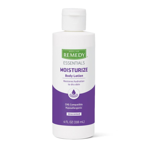 Hand and Body Moisturizer Medline Remedy® Essentials Moisturize 4 oz. Bottle Unscented Lotion CHG Compatible