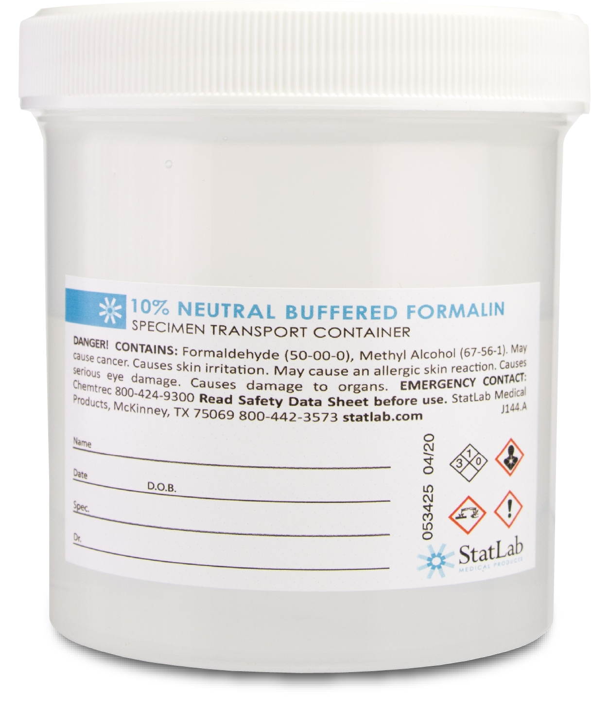Prefilled Formalin Container 250 mL Fill in 500 mL (16.9 oz.) Screw Cap Warning Label / Patient Information NonSterile