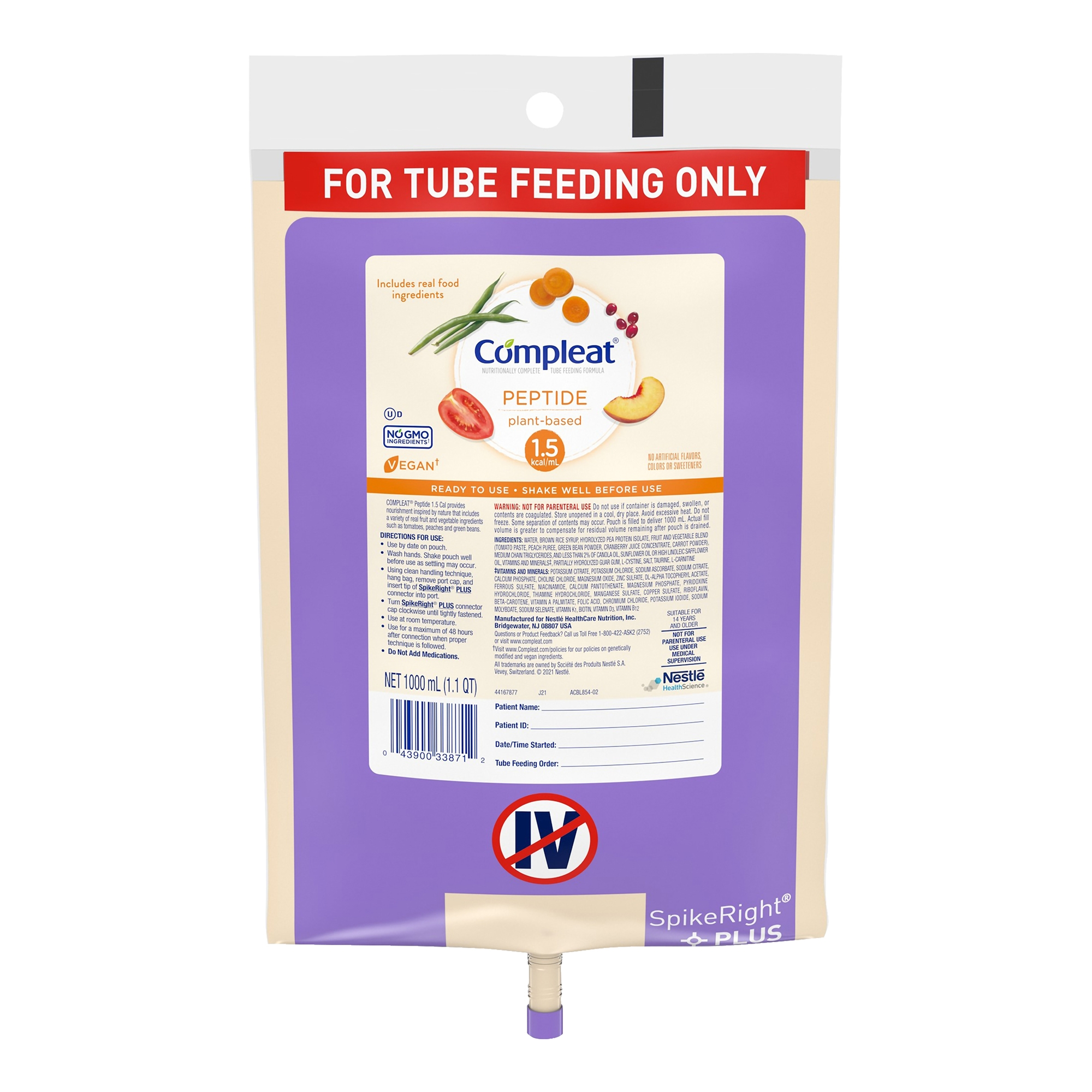 Tube Feeding Formula Compleat® Peptide 1.5 Vegetable / Fruit Flavor Liquid 1000 mL Ready to Hang Prefilled Container