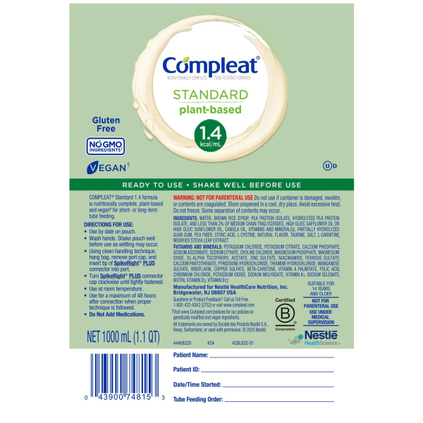 Tube Feeding Formula Compleat® Standard 1.4 Cal Vanilla Flavor Liquid 1000 mL Ready to Hang Prefilled Container