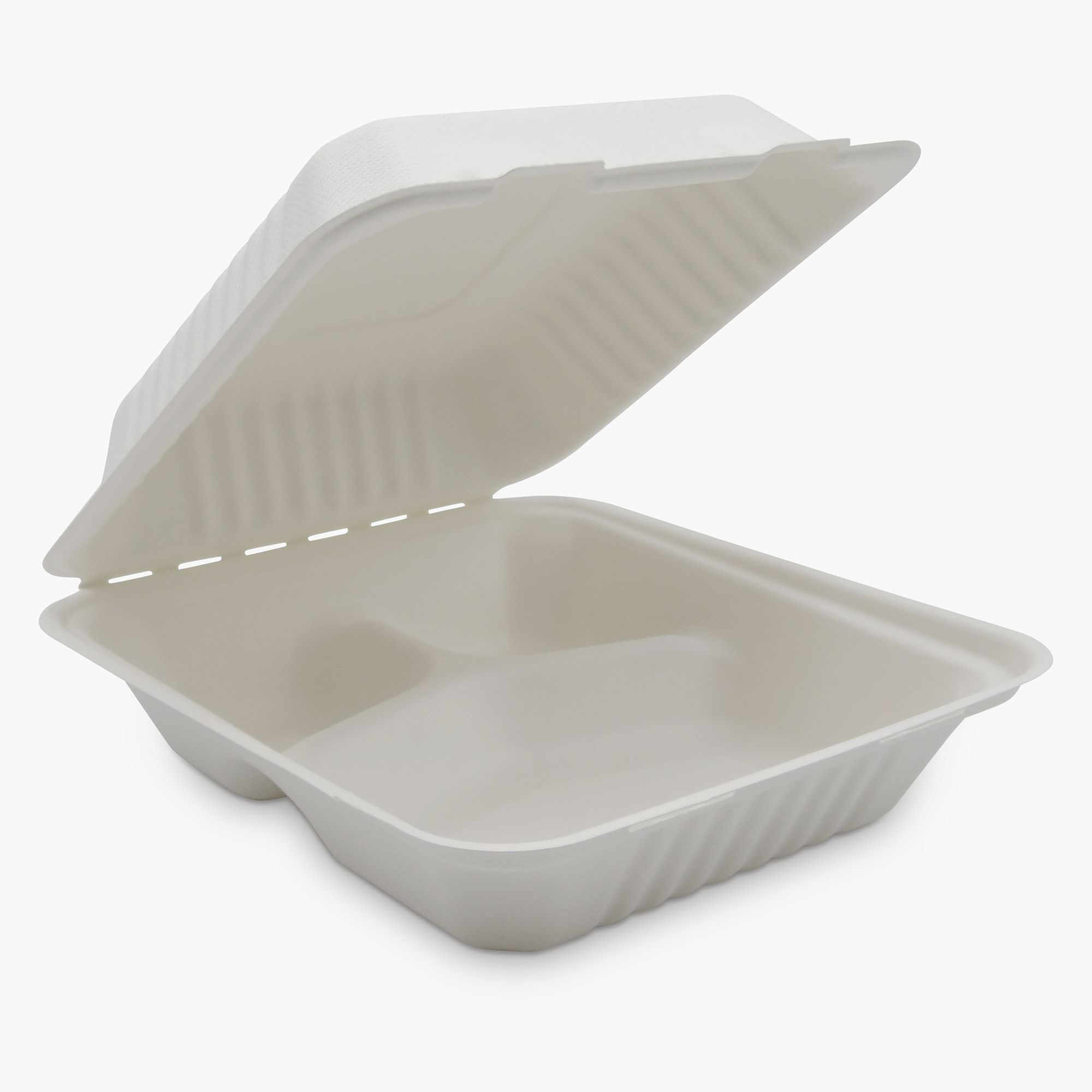 3 Compartment Clamshell Food Container Medd Max LLC 8 X 8 Inch White Compostable Bagasse 3 Compartment Clamshell Food Container Medd Max LLC 8 X 8 Inch White Compostable Bagasse