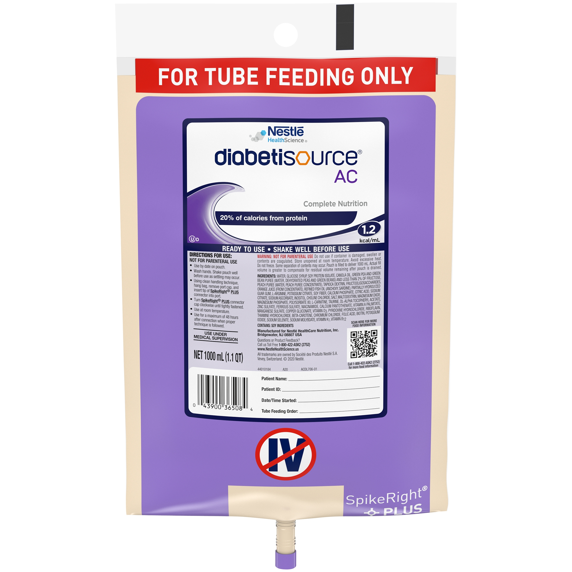 Tube Feeding Formula Diabetisource® AC Unflavored Liquid 1000 mL Ready to Hang Prefilled Container