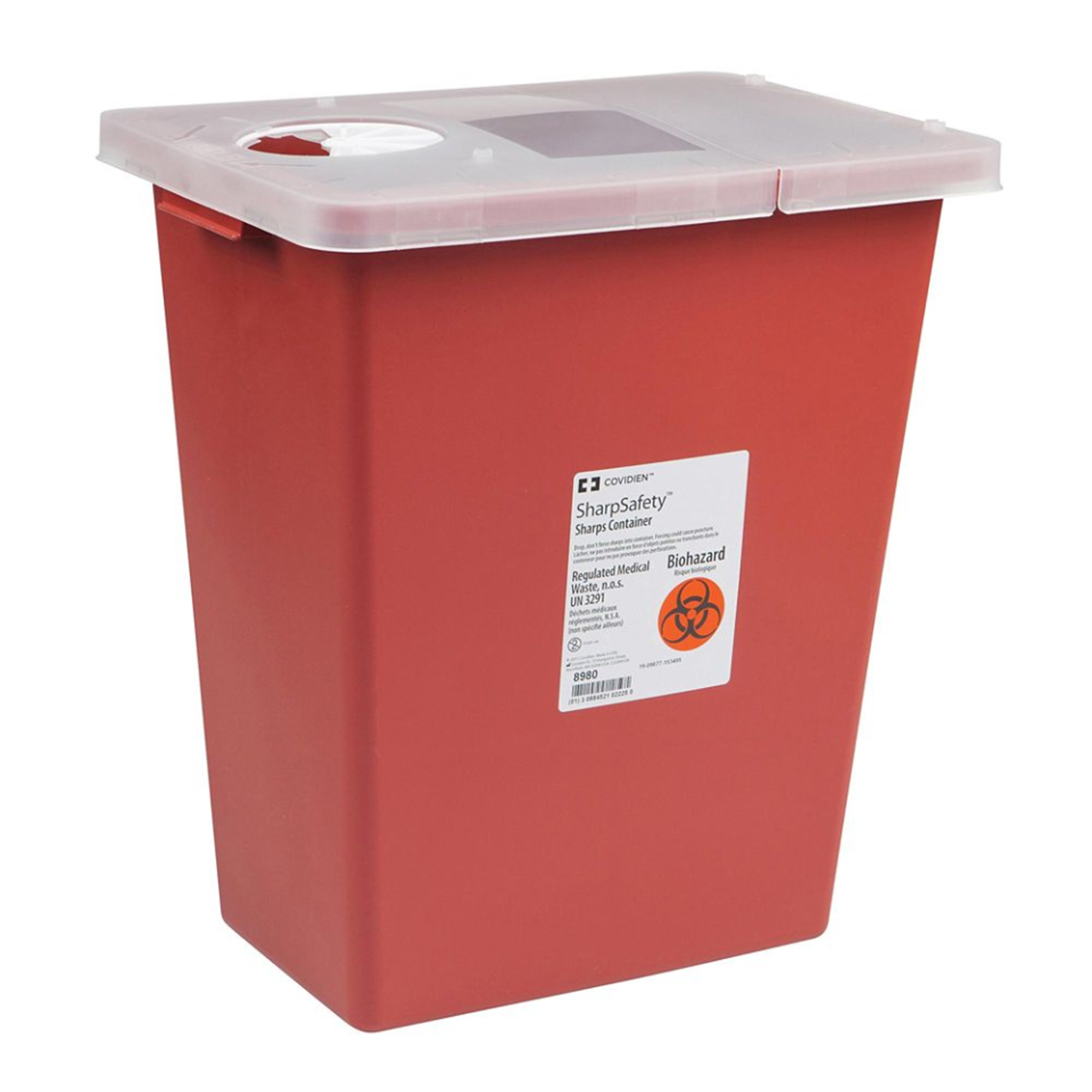 Sharps Container SharpSafety™ Red Base 17-1/2 H X 15-1/2 W X 11 D Inch Vertical Entry 8 Gallon Sharps Container SharpSafety™ Red Base 17-1/2 H X 15-1/2 W X 11 D Inch Vertical Entry 8 Gallon