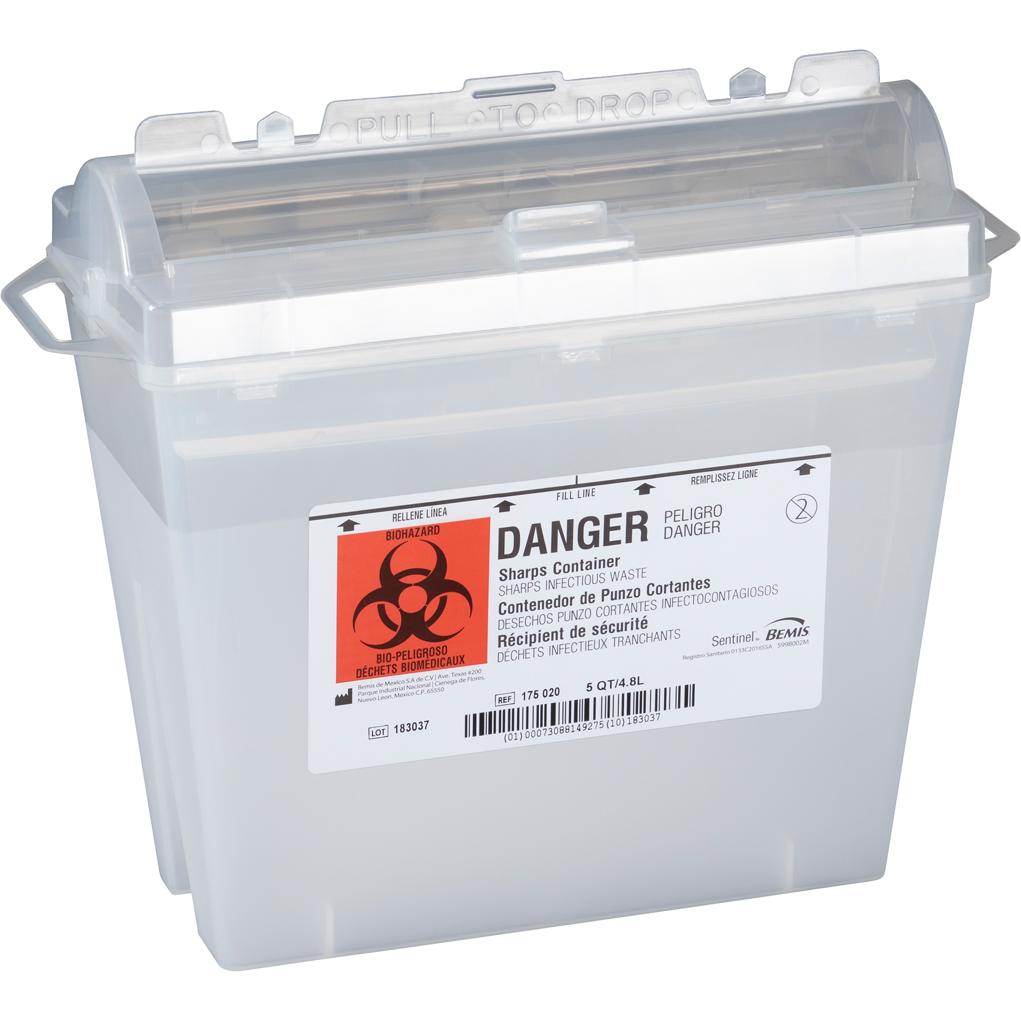 Sharps Container Bemis™ Sentinel Translucent Base 10 H X 5-1/4 W X 11 D Inch Horizontal Entry 1.25 Gallon Sharps Container Bemis™ Sentinel Translucent Base 10 H X 5-1/4 W X 11 D Inch Horizontal Entry 1.25 Gallon