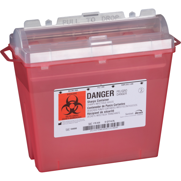 Sharps Container Bemis™ Sentinel Translucent Red Base 10 H X 5-1/4 W X 11 D Inch Horizontal Entry 1.25 Gallon