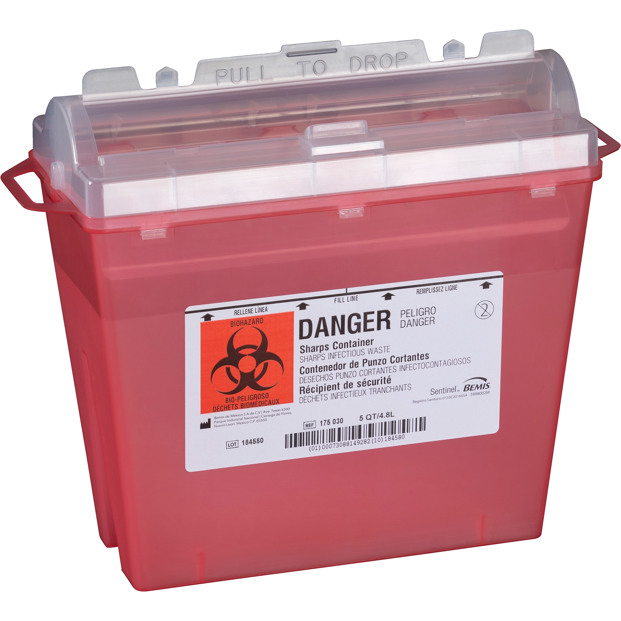 Sharps Container Bemis™ Sentinel Translucent Red Base 10 H X 5-1/4 W X 11 D Inch Horizontal Entry 1.25 Gallon Sharps Container Bemis™ Sentinel Translucent Red Base 10 H X 5-1/4 W X 11 D Inch Horizontal Entry 1.25 Gallon